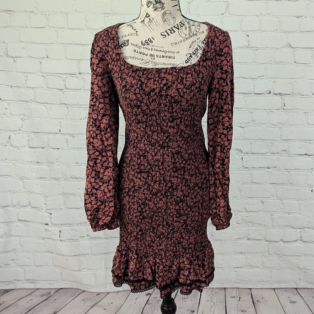 LOST & Wander Anthropologie Stretch Dress Black Pomegranate Red Floral Ruched XS - Picture 7 of 8